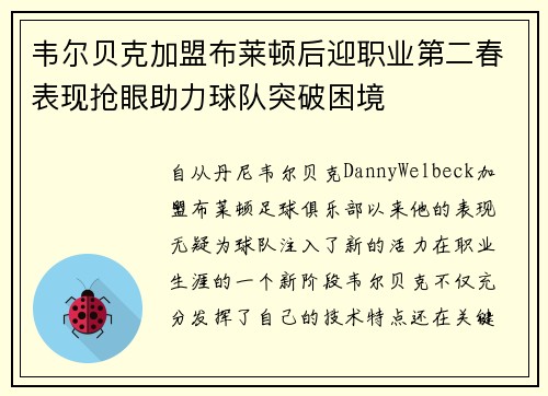 韦尔贝克加盟布莱顿后迎职业第二春表现抢眼助力球队突破困境